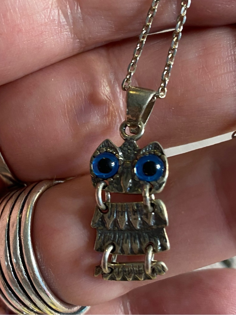 Vintage 925 Sterling Silver Articulated Owl Pendant Necklace Greek Artisan